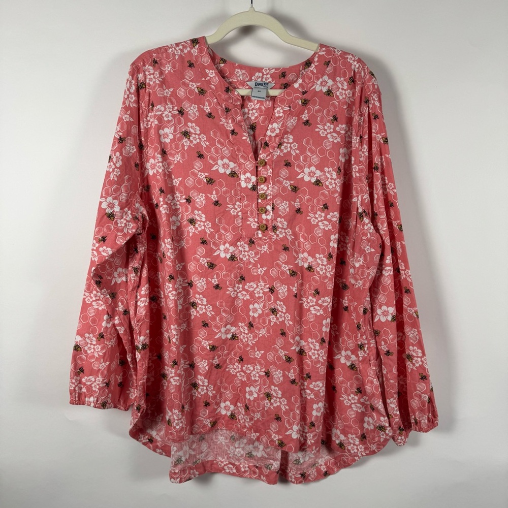 Duluth Trading Co Henley Blouse 2X Hemp Organic Cotton Bees Floral Honey Comb